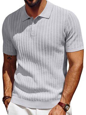 Men's Light Gray Knit Short Sleeve Textured Imported Polo T Shirt Casual